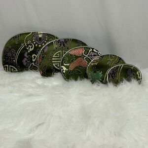 Nested Cosmetic‎ Bags Set of 5 Olive Green Floral and Koi Fish Makeup Pouches